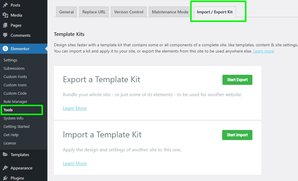 Access Elementor Import Export Kit