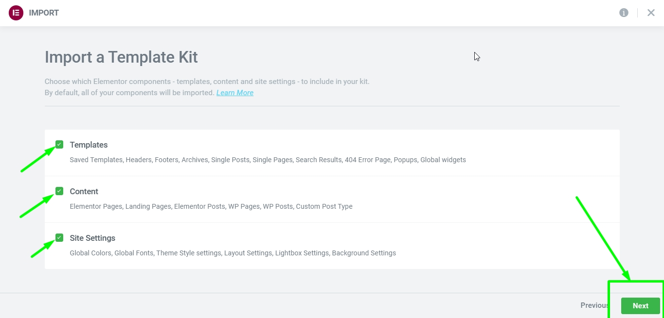 select content to import with elementor template kit
